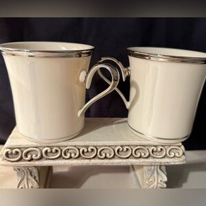 2 Lenox Elegant Cream Mugs with Silver Trim. “Ivory Frost” or “Solitaire”